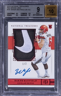2018 Panini National Treasures Red Brand Logo #161 Baker Mayfield Signed Nike Swoosh Patch Rookie Card (#1/2) - BGS MINT 9/BGS 10